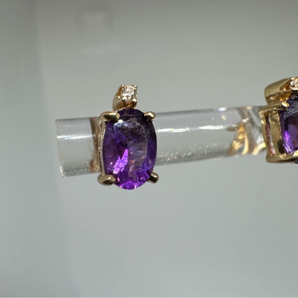 Beautiful 14k Yellow Gold Oval Amethyst and Diamond Stud Post Earrings - Picture 3 of 10